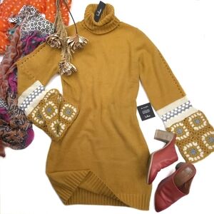 New Lulu's Mustard Turtleneck Embroidered Sweater Dress Sz S